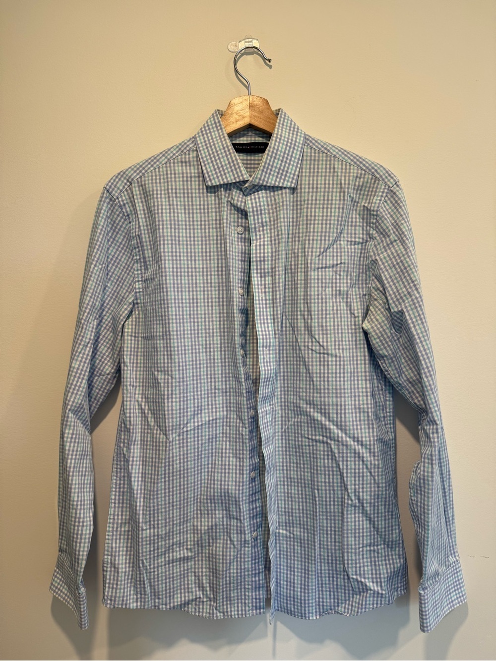 Tommy Hilfiger Light Blue and White Checked Dress Shirt